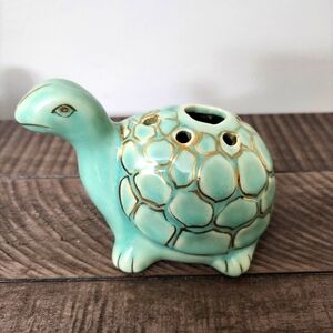 Glazed Ceramic Turtle Figurine Coastal Decor Turquoise Aqua Flower Frog?🐢🐢